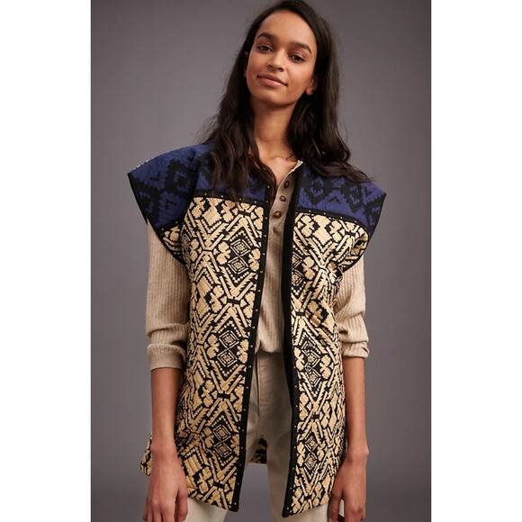 Anthropologie Simona Quilted Vest round neck navy & tan colorblock size medium - Picture 12 of 16
